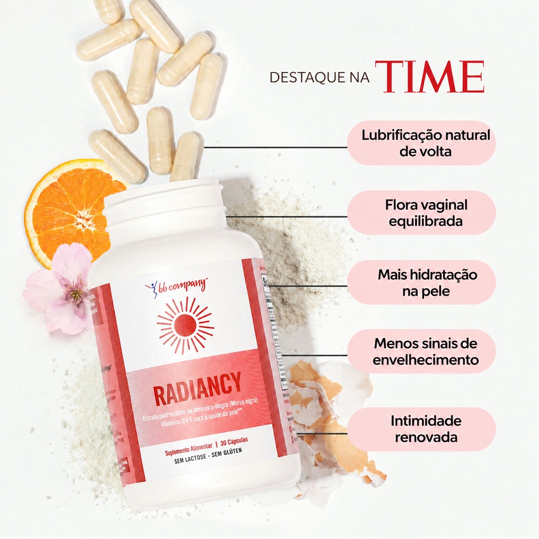 Frasco de Radiancy rodeado de cápsulas, com destaque na revista TIME