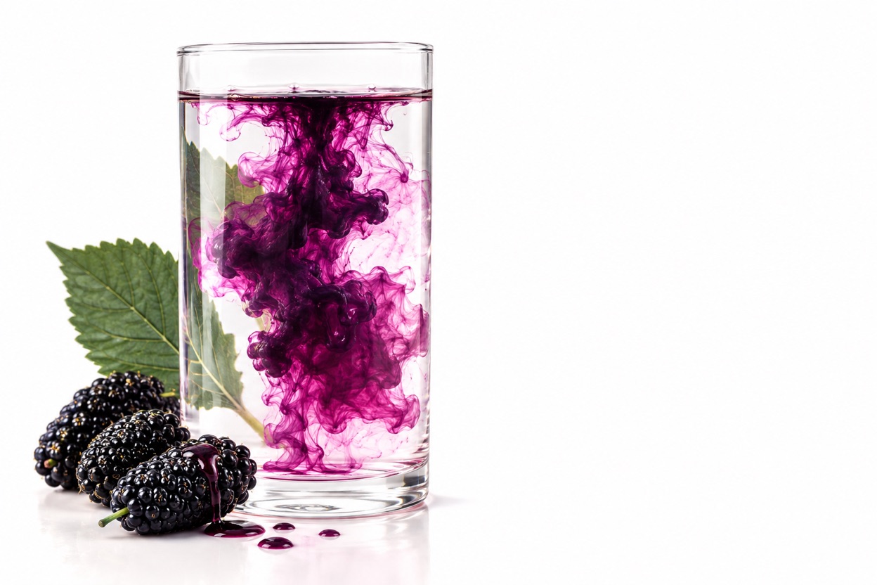 Pigmento violeta intenso das antocianinas da amoreira-negra a dispersar-se na água dentro de um copo de vidro.